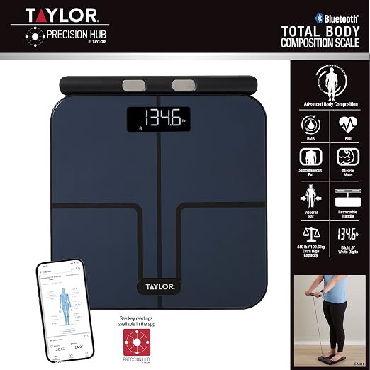 Taylor Smart Total Body Composition Scale with Precision Hub App, Retractable Handle, 11.8" x 11.8" Glass Platform, Vanishing 0.9" LED Display, 440 lb Capacity, 8 Contact Points, Black