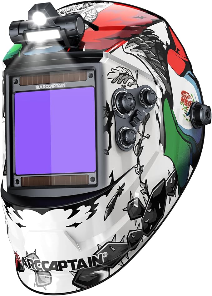 ARCCAPTAIN Large View 3.94" x 3.66" True Color Auto Darkening Welding Helmet with Light, Solar Powered Welding Hood, 4 Arc Sensor Wide Shade 4/5-9/9-13 for Stick MIG TIG Cut, MX