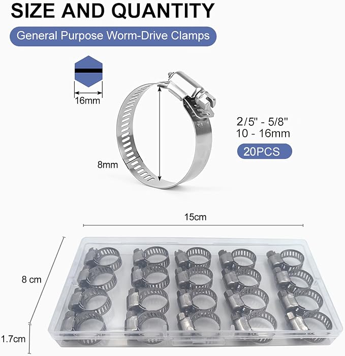 Hose Clamps 20PCS, Stainless Steel, Radiator Hose Clamps, Small Size, 2/5– 5/8"(10-16mm) Worm Gear Hose Clamp Kit, Small Metal Pipe Set for Automotive, Plumbing, Intercooler