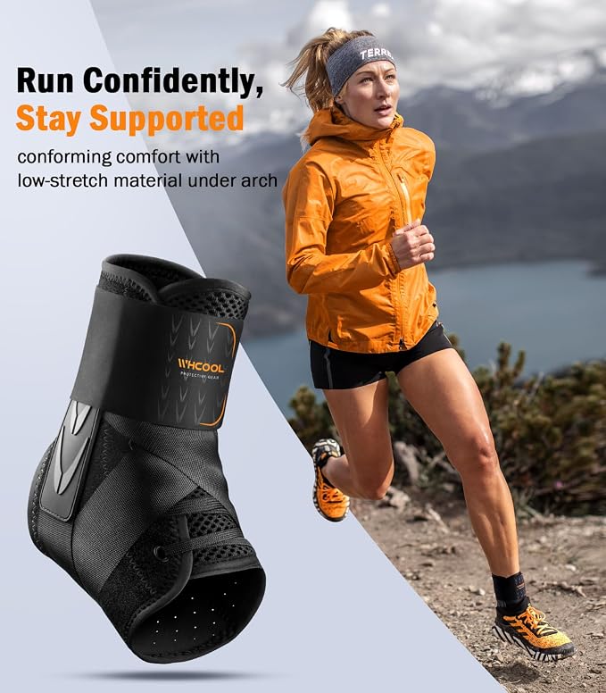 Slim-Fit Ankle Brace for Sprained Ankle, Quick Lace Up Ankle Support for Women Men with 2 Auto-Shaped Pads, Air Fabric Cool Ankle Stabilizer for Injury Recover, Running,Sports, L(13”-14”)