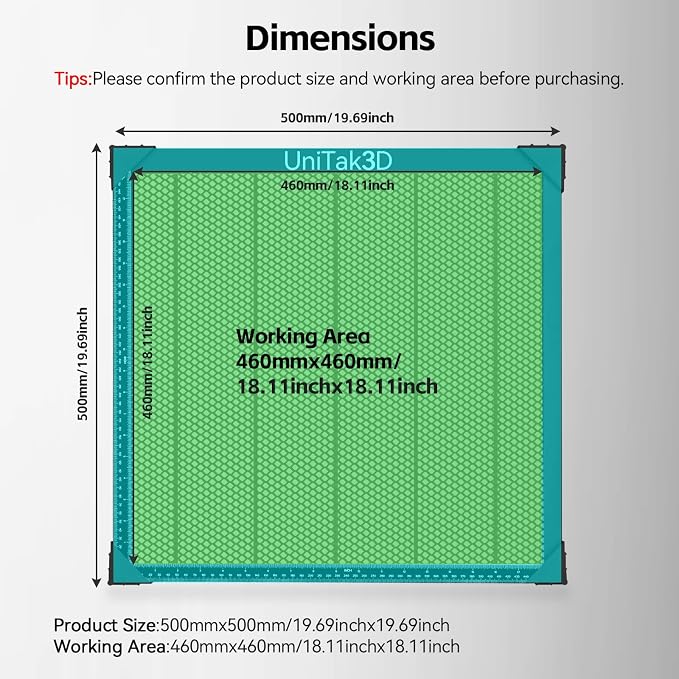 UniTak3D Honeycomb Laser Bed 500x500mm Working Table for XTool D1/D1 Pro/S9/S10/S30 Pro/RAY5 Engravers,Fast Heat Dissipation and Desktop Protection with Aluminum Plate(Working Area:18.11x18.11in)