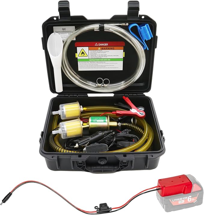 24V 30GPH Fuel Transfer Pump Set with Patented Pulley Lead Pipe & Battery Adapter, Compatible with Milwaukee M18 Battery, for Vehicles, Boats (30GPH 24V, Pump with Red Adapter)