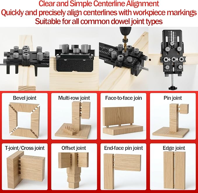 Woodworking Dowel Jig Kit, Precision Drill Guide with 1/4 3/8 1/2 Inch Bushings & Drill Bits, Adjustable Doweling Jig for Straight Holes, Quick Clamp System for Furniture Cabinet DIY Wood Joints