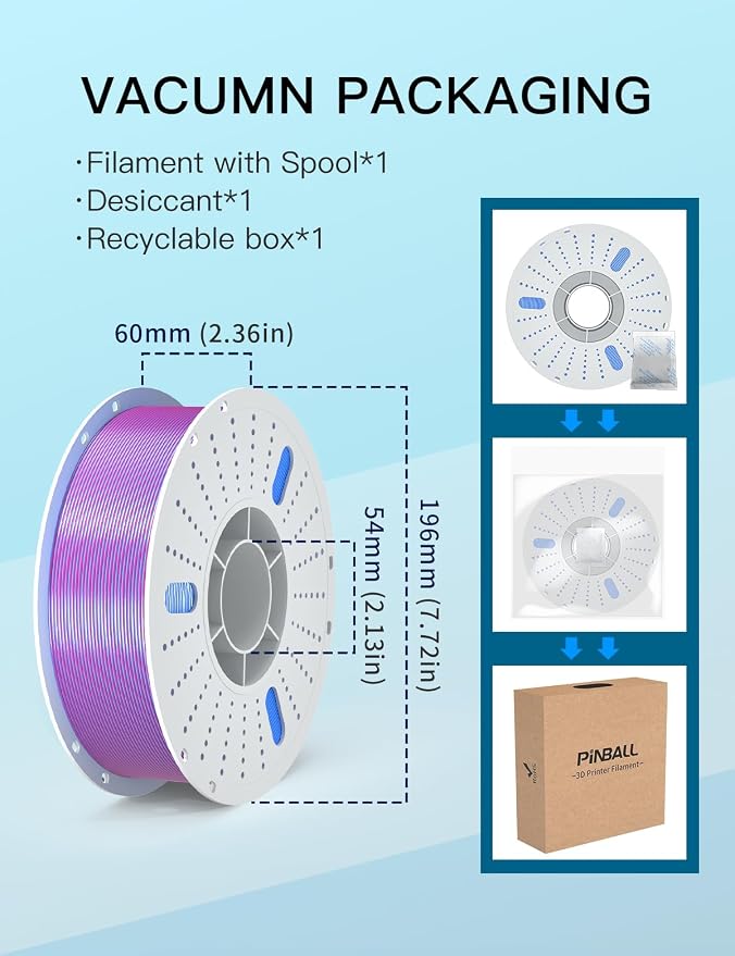PINBALL Silk PLA 3D Printer Filament 1.75mm Shiny Silk Dual Color Filament 3D Printing PLA Filament Dimensional Accuracy +/- 0.02mm 1 KG Silk Dual Color Blue-Red