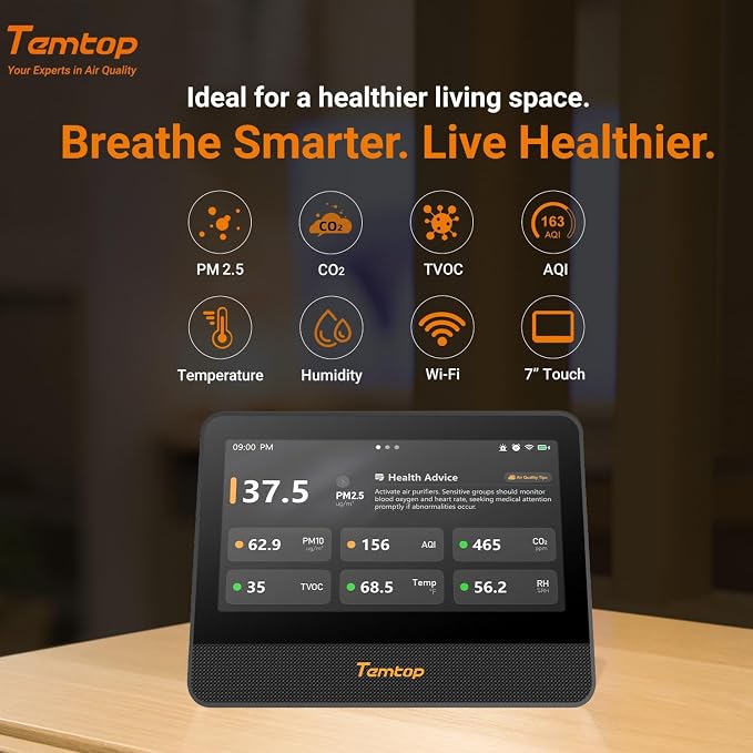 Temtop WiFi Air Quality Monitor M100 2nd Gen, 7 Inch Touchscreen CO2 Detector & Air Quality Tester for PM2.5 PM10 TVOC Temperature Humidity, Air Analyzer for Home Office with LoRa Extension