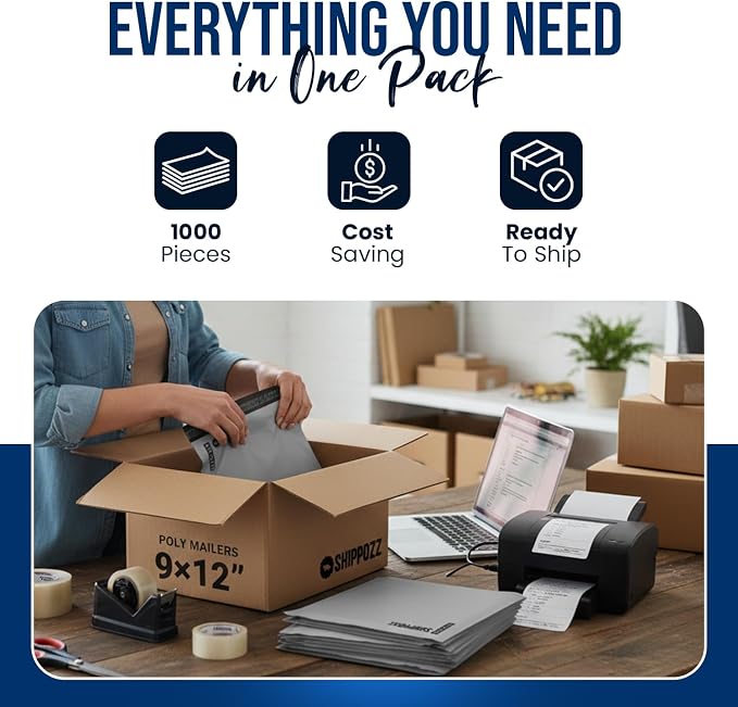 Shippozz 9x12 Poly Mailers 1000 Pack, Durable Waterproof Polymailers for Shipping Clothes, Self Seal Mailing Bags for Small Business Packaging Supplies, Mailing Envelopes for Books, and Accessories