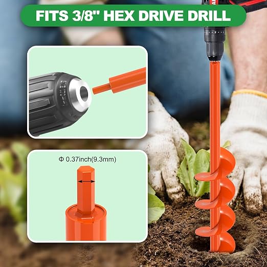SELEWARE Auger Drill Bit for Planting 4"x24" Drill Auger for 3/8" Hex Drive | Orange Heavy-Duty Steel Garden Auger Drill Bit, Bulb Planter Tool, Auger Post Hole Digger for Bulbs, Flowers, Fence Posts