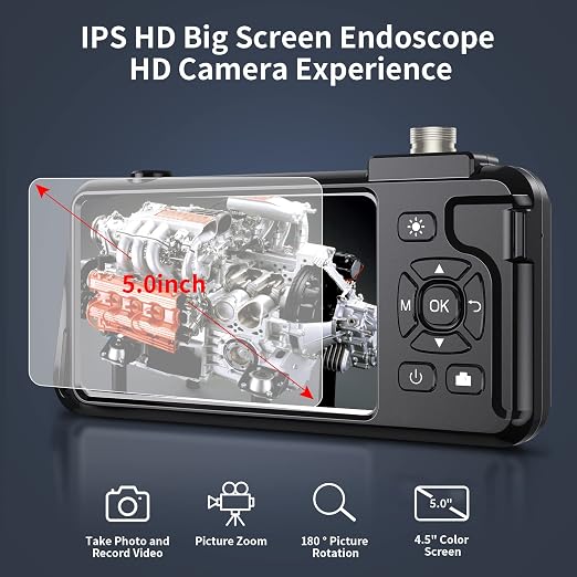 1080P HD Dual Lens Endoscope, Borescope Inspection Camera with Light, Waterproof, Black, 4.3'' IPS Screen, 16.5 Ft Semi-Rigid Cable, USB Connectivity