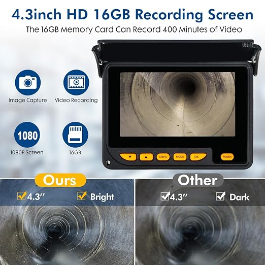 Sewer Camera 0.67in Camera Head 16GB DVR Drain Camera with 6 LED Light,8500mAh 8-10H Working Time Borescope w/Meter Counter for Plumbing Drain(164ft/50M)