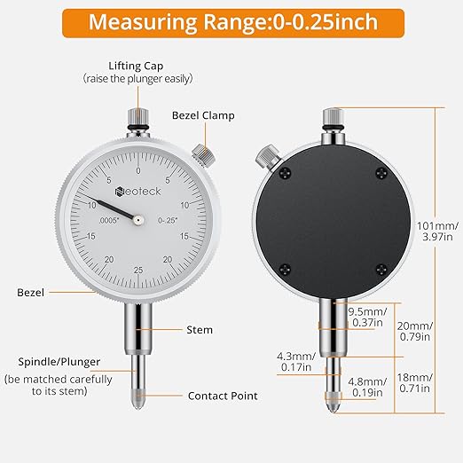 Neoteck Dial Bore Gauge with 0.7"-6"/0.0005" Measuring Range and 6" Measuring Depth Dial Bore Gauge Set with 23PCS Anvils Chrome Plated Handle & Insulated Grips for Engine Cylinder Measurement-Silver