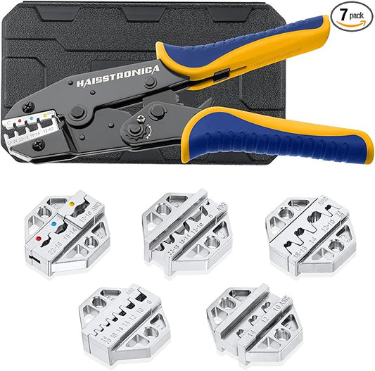 haisstronica 6PCS Crimping Tool Set - Ratchet Wire Crimping Tool for Heat Shrink,Insulated Nylon,Non-Insulated,Ferrule Wire End,Open Barrel Terminals,Solar Connectors