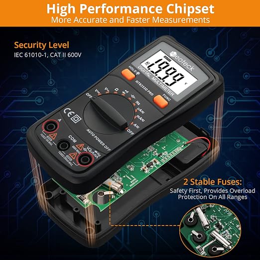 Neoteck Auto Ranging Digital Multimeter, AC/DC Amp Ohm Voltage Tester Meter with Resistance Continuity Capacitance and Diode Test- Black