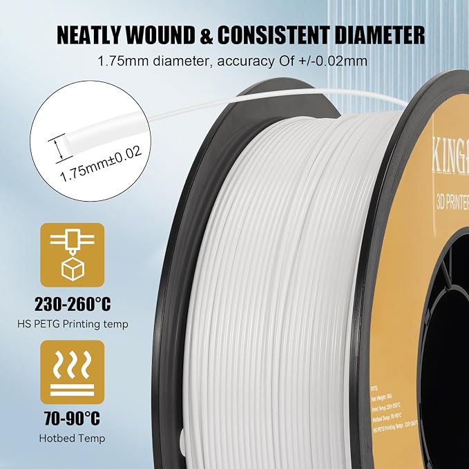 Kingroon High Speed PETG 3D Printer Filament 1.75mm, 3D Printer Rapid Filament for 30-600mm/s Hyper Printing Filament, Dimensional Accuracy +/- 0.03 mm, 2 kg Plastic Spool (4.4lbs（White）