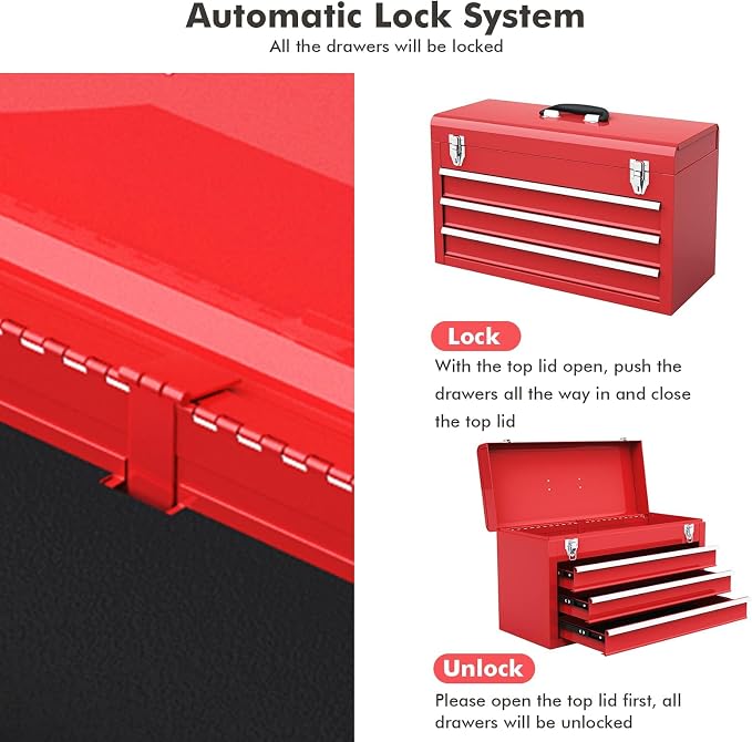 ERGOMASTER Portable Tool Box, 20.5'' Metal Tool Box with 3 Drawers, Lockable Heavy Duty Tool Chest Storage Toolbox for Garage, Workshop, Repair Shop, Red