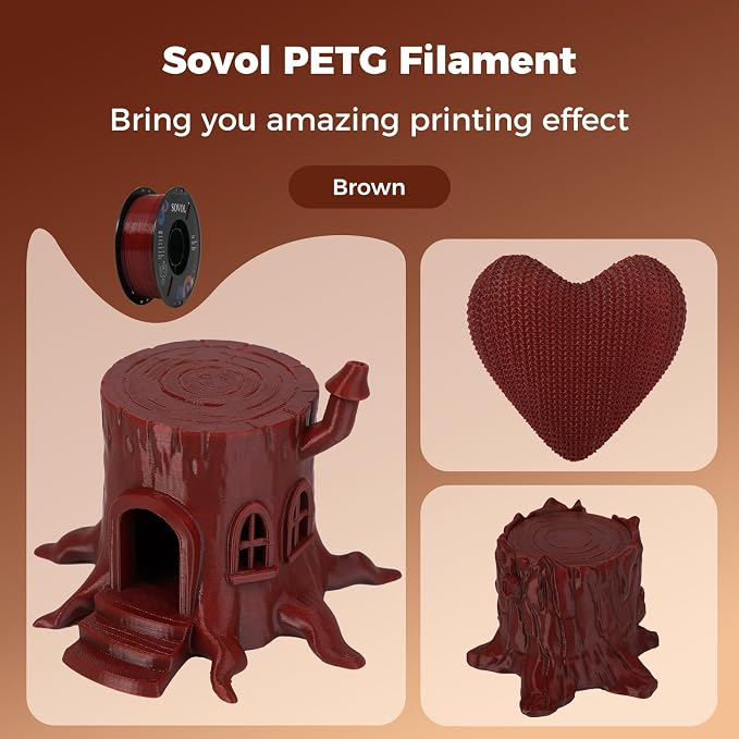 Sovol 3D Printer PETG Filament 1.75mm 1KG (2.2lbs), High Precision, Strong Toughness, Wiring Tightness, Dimensional Accuracy +/- 0.03 mm, 3D Printing PETG Filaments, Brown