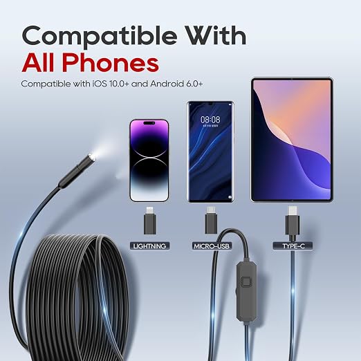 TOPDC Endoscope Camera with Light, 1920P HD Scope Camera, 8 LED Adjustable Inspection Borescope for Android and iOS, 16.4ft Semi-Rigid Snake Cable, IP67 Waterproof