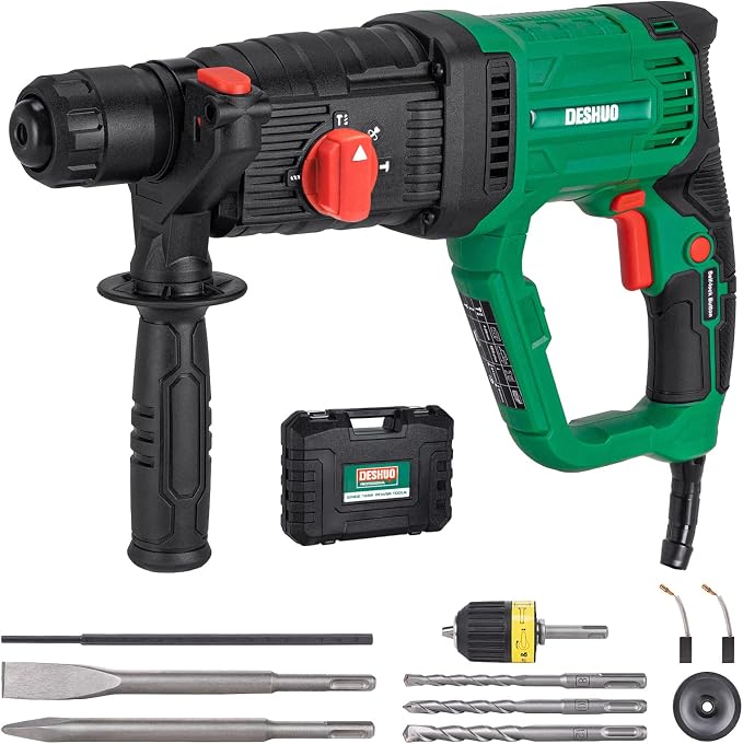 1" SDS-Plus Lightweight Concrete Rotary Hammer Drill w/ 1/2" Adapter | 9 Amp Corded Electric 7.2 Lbs 4 Functions & Reverse Variable Speed Safety Clutch Rotomartillo w/ 3 Drill Bits 2 Chisels Case