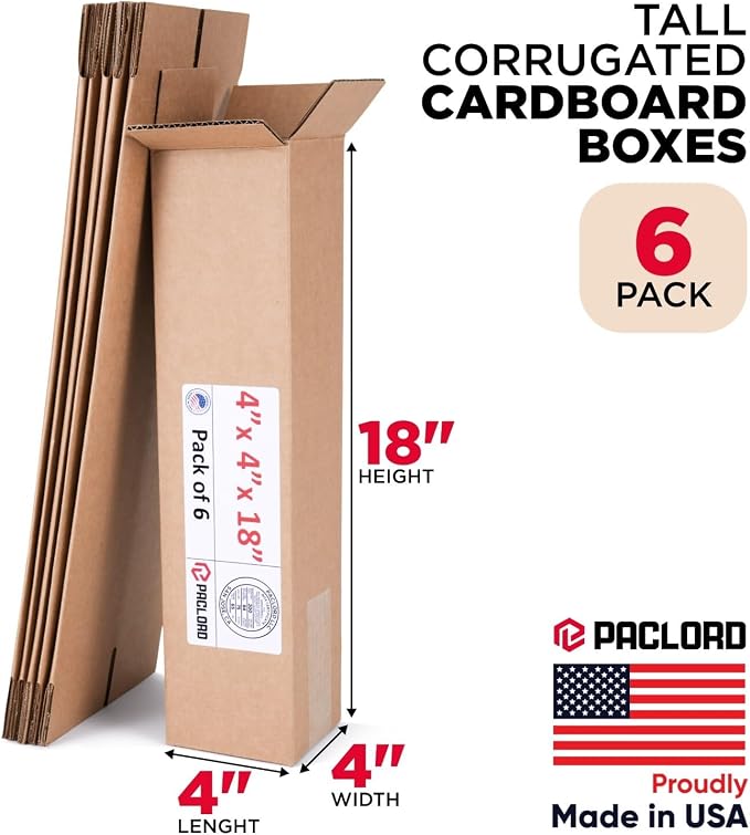 Tall Cardboard Boxes 4"L x 4"W x 18"H (Pack of 6) - USA-Made Packing Boxes for Moving, Shipping, or Storage - USPS, UPS, FedEx Approved - Professional Packing Supplies for Moving | USA-Made Packing Boxes for Moving, Shipping, or Storage - USPS, UPS, Fe...
