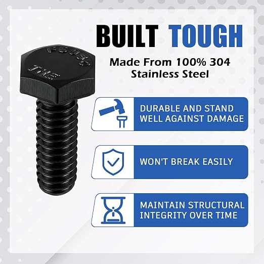 Zonon 50 Pcs 1/4-20 x 3/4" Hex Head Screw Bolt 18-8 (304) Stainless Steel Hexagon Bolts, Fully Threaded, Plain Finish, External Hex Drive (Black)