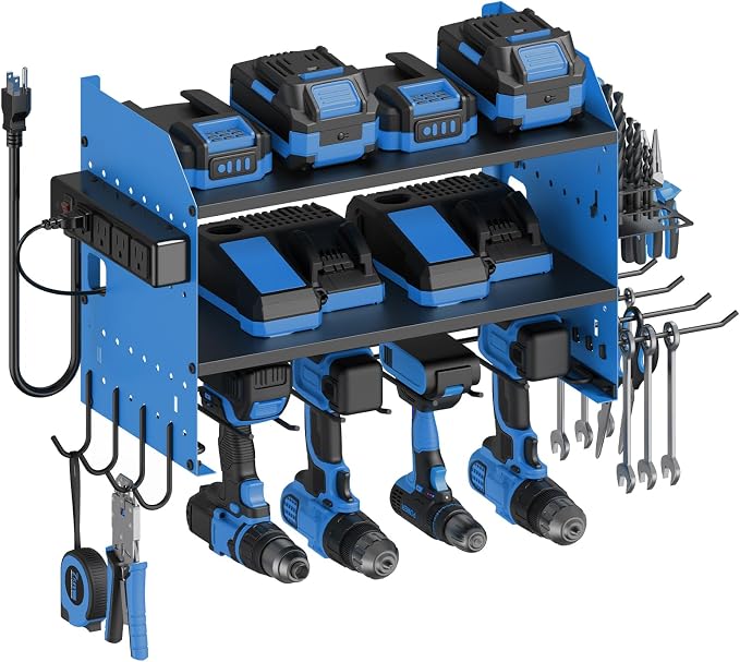 CCCEI Modular Power Tool Organizer Wall Mount with Charging, Blue, 1 Pack | Drill & Battery Storage Rack with Peg Hooks, Garage Workshop, Gifts for Men, Husband, Anniversary, Birthday