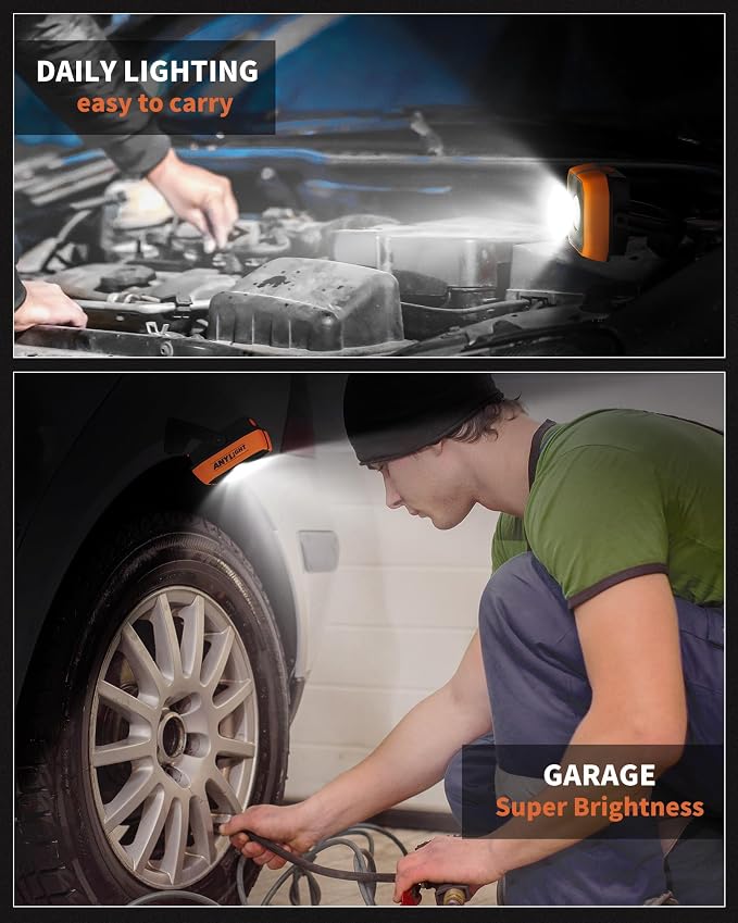 Work Light Kit, Magnetic Rechargeable Light with 4 Modes & 150°Rotatable, 1200LM Waterproof Portable Light with 360° Rotating Hook for Emergency Car Repair, Grill (3 Pack with Hook)