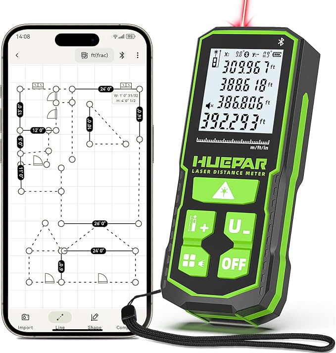 395FT Bluetooth Laser Measuring Tool with Angle Sensor, Fathers Day Dad Gifts, Huepar 1/16in Accuracy Laser Distance Measurement Tool, M/in/Ft, Digital Laser Room Measuring Device, Distance Meters