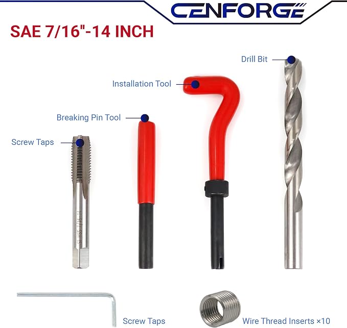 7/16-14 Inch Helicoil Thread Repair Kit, SAE HSS Drill Helicoil Repair Kit for Rethreading Internal Threads with Carry Case, 15PCS