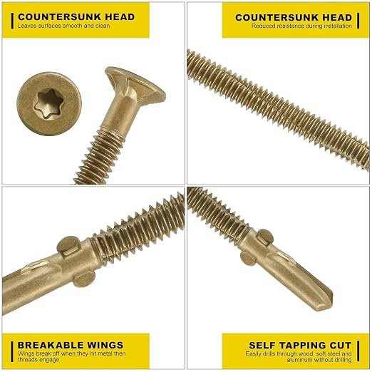 FMhotu #12 x 2 Trailer Deck Screws, Self-Tapping Sheet Wood Metal Screw, 181Pcs T25 Star Bits Reamer Tek Screws for Trailers, for Attaching Wood to Steel
