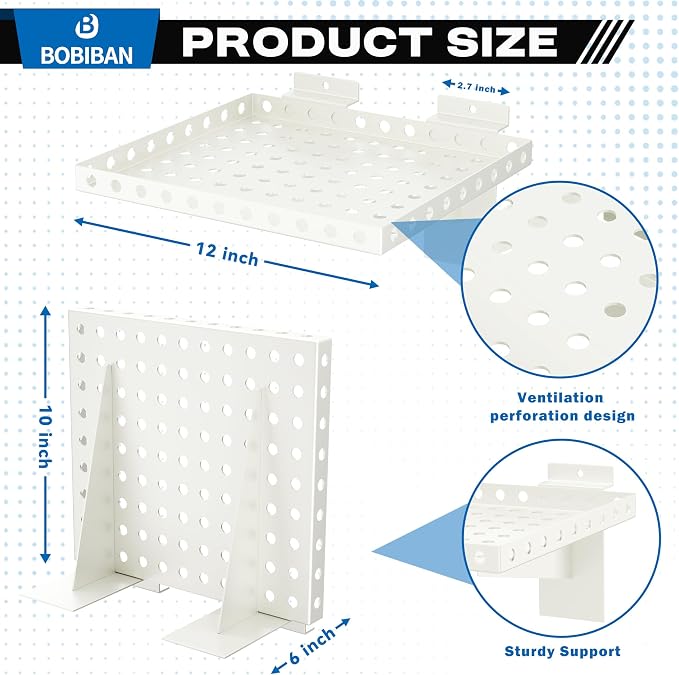 4 Pack Slatwall Shelves, Heavy Duty White Metal Slat Wall Shelf for Retail, Garage, Home Storage, 20 lbs Load Capacity, Universal Slatwall Accessories (10 x 12 Inch-4, White)