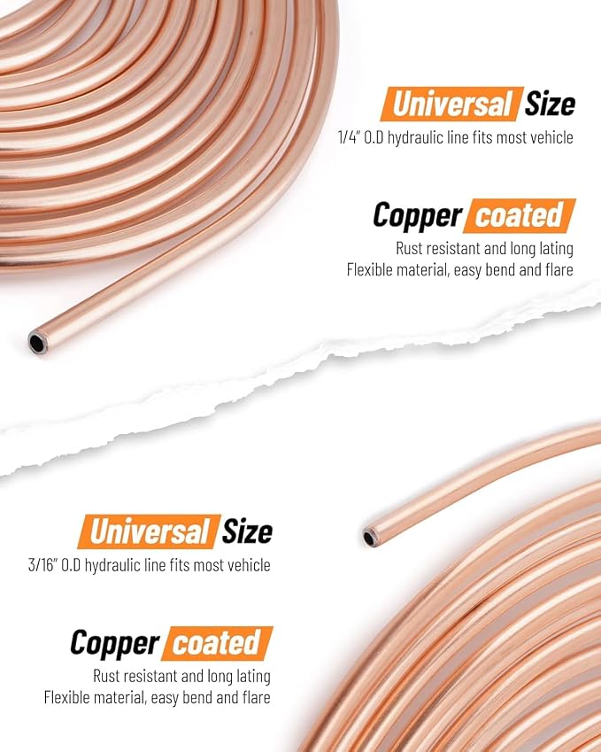 25 ft 1/4" + 3/16" Copper Coated Brake Line Kit (Includes 32 Fittings and 8 Unions) + Tube Bender + Brake Line Double & Single Flaring Tool Kit