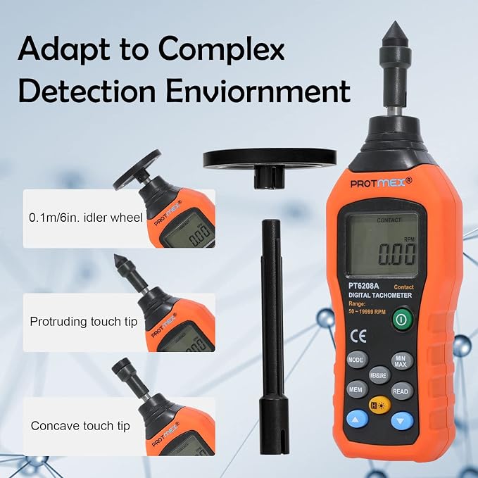 Protmex PT6208A Digital Contact Tachometer, Contact Measurement Speed Tach Meter, 50-19999RPM Speed Meter, Contact Tach RPM Meter with 100 Groups Data Logging, Data Hold, Max/Min/AVG, Backlight