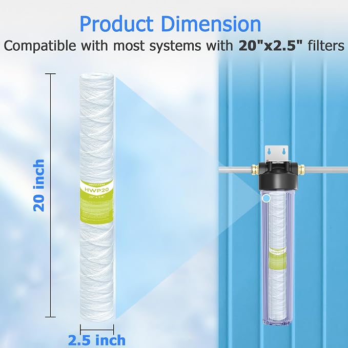 20 Micron Whole House Water Filter Cartridge, String Wound Sediment Filters for Well Water, Universal Replacement for Any 20 inch Silm Housings - 20" x 2.5" Cartridges - Pack of 6