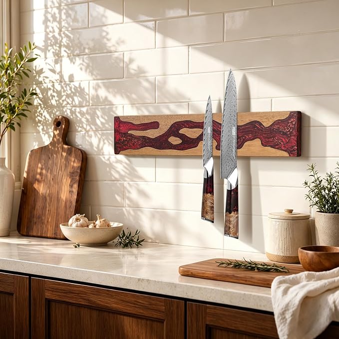FINDKING Magnetic Knife Strip for Wall, Solid Acacia Wood with Deep Red Resin Inlay, Wall-Mounted Knife Holder with Strong Magnetic Hold, No-Drill Adhesive Mount (18 Inch)