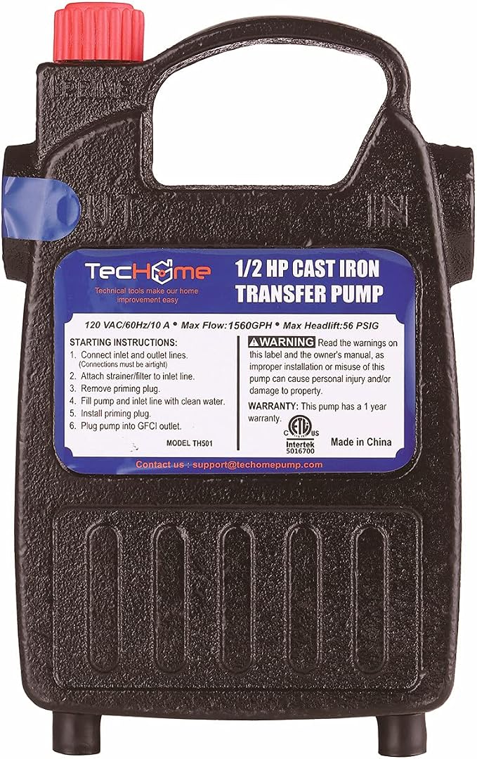 TecHome 1/2 HP Cast Iron Transfer Pump, 120V 1560GPH Water Pump, High Pressure Transfer Pump with Suction Strainer and Brass Connectors.