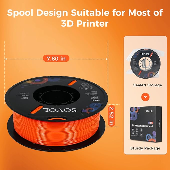 Sovol 3D Printer PETG Filament 1.75mm 1KG (2.2lbs), High Precision, Strong Toughness, Wiring Tightness, Dimensional Accuracy +/- 0.03 mm, 3D Printing PETG Filaments, Orange