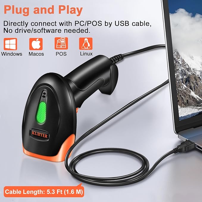 KUIIYER USB Barcode Scanner, 2D QR 1D Bar Code Scanners Wired Handheld Barcode Reader with Updated 800 X 600 Pixel CMOS & Built-in Light, Plug & Play for Computers, PC, Laptop, Desktop & POS