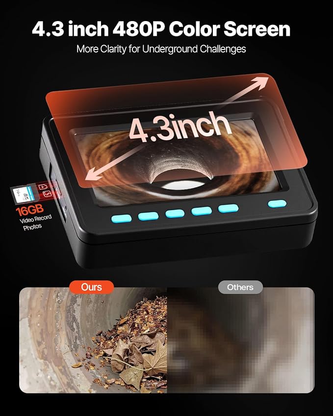 VEVOR Sewer Camera, 65.6FT Snake Cam with DVR Video, Pipe Inspection Equipment 4.3 inch LCD Screen, Industrial Borescope Endoscope Waterproof IP68 with LED Lights, for Duct HAVC Drain Pipe Plumbing