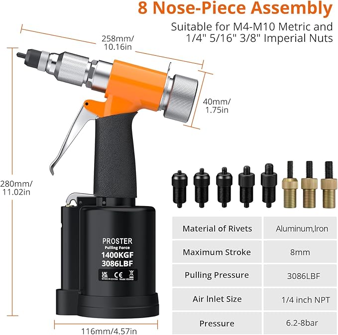 Proster Pneumatic Hydraulic Rivet Nut Set - 3086LBF Heavy-Duty Riveters Setting Kit for M4 M5 M6 M8 M10 1/4" 5/16" 3/8" Nuts with Storage Case