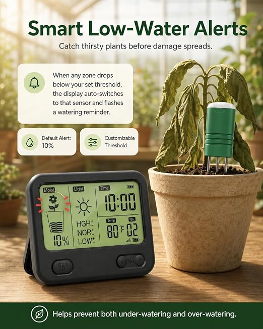 Soil Moisture Meter for Plants, 12-Zone Wireless Plant Water Meter, Soil Thermometer and Light Sensor, 4-in-1 TDR Tester, 230ft Range, IPX5 Waterproof for Indoor Outdoor Garden Lawn (Display+4 Sensor)