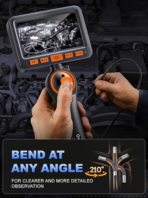 Two-Way Articulating Borescope Camera with Light, 210° Dual-Direction Inspection Scope with 5" 1080P Screen, 6.2mm IP67 Waterproof Probe, 6 LED Lights, 3X Zoom, for Automotive, Sewer, Plumbing, HVAC