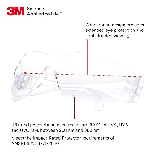 3M Safety Glasses, Virtua 11228, Pack of 100, ANSI Z87, Unisex, Clear Lens, Clear Frame, Economical Eye Protection, Lightweight, UVA, UVB, UVC