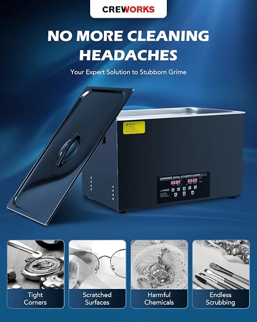 CREWORKS 30L Digital Ultrasonic Cleaning Machine with Degas and Gentle Mode, 600W Ultrasonic Cleaner Machine with Heater and Timer, 7.9 gal Ultrasound Cleaner for Retainer Watch Auto Tool Machine Part