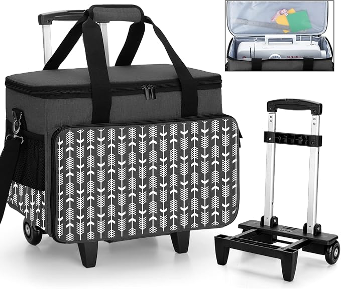 Yarwo Rolling Sewing Machine Carrying Case, Detachable Trolley Tote Bag with Removable Bottom Board and Thickened Trailer Leg for Most Standard Sewing Machine and Accessories, Black with Arrow
