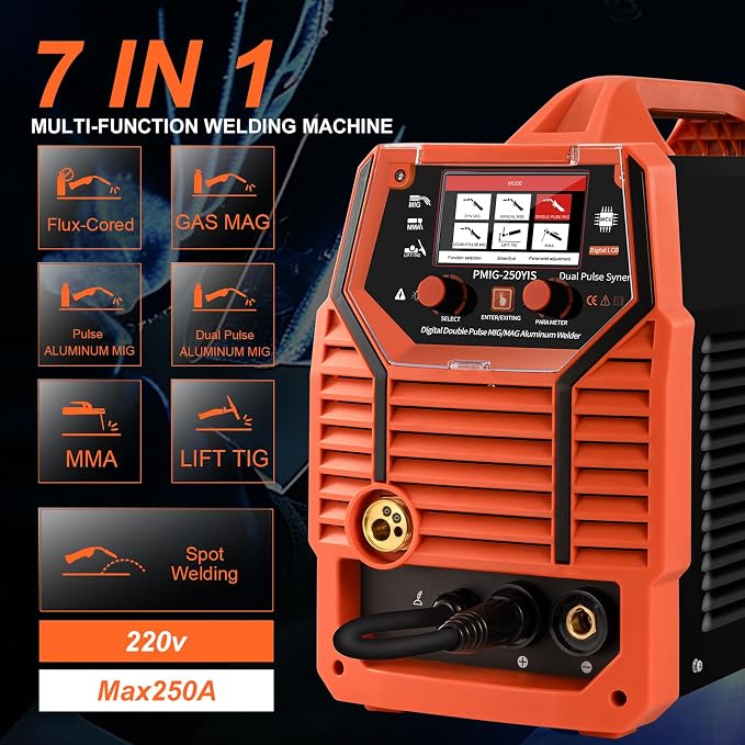 250A 220V 7-in-1 MIG Welder with Double Pulse & Large LED Display – Gas/Gasless Flux Core, Spot Welding, Stick, Lift TIG, Single/Dual Pulse Aluminum Welding Machine