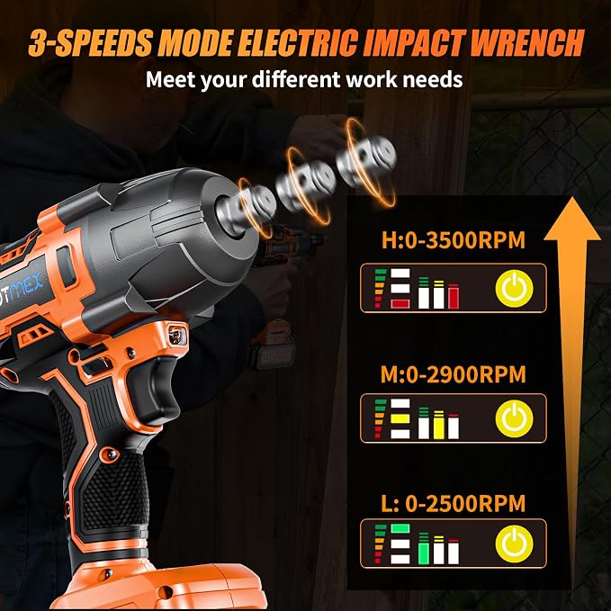 Protmex Cordless Impact Wrench, 900Ft-lbs (1200N.m) 1/2" Brushless Impact Gun, 21V High Torque Power Impact Driver, 2x4.0Ah Batteries Electric ImpactMotor Variable Speeds for Car/Pickup Truck/Mower