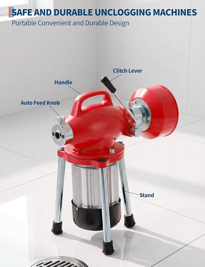Professional Drain Cleaning Machine, Electric Sewer Snake Auger 500w 400RPM, Heavy-Duty Auto-Feed with 66Ft / 16Ft Cables & 6 Cutters for 3/4" to 4" Pipes for Sink Toilet Drainage