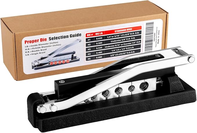 Heavy Duty Bench Hose Crimper Tool - Professional Grade Manual Crimper for 1/4", 5/16", 3/8" Air, PVC & Rubber Hoses, Mountable Workbench Repair Tool