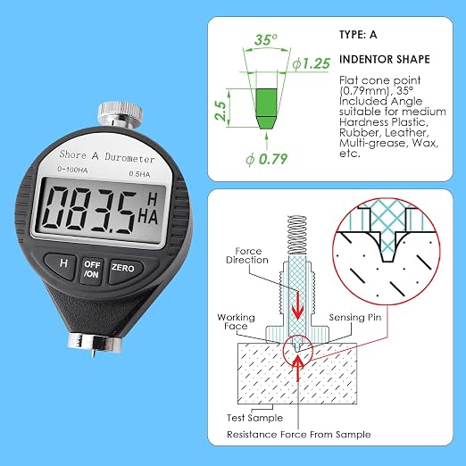Durometer Tester Shore A Hardness Tester, Rubber Tire Durometer Gauge 0~100HA Digital Hardness Meter with Large LCD Display