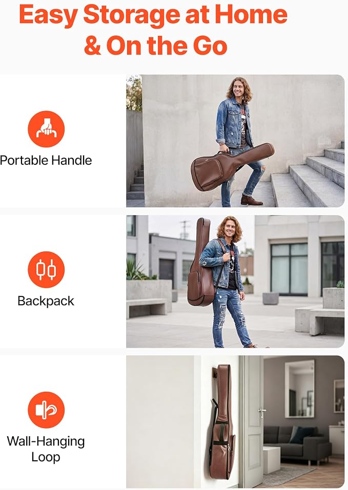 VEVOR Acoustic Guitar Hard Case, 47.1 Inch, Hard-Shell Protective Travel Carrying Case with Accessory Compartment, Foam Padding, Portable Handle, Shoulder Straps, for 41 Inch Acoustic Guitars, Brown