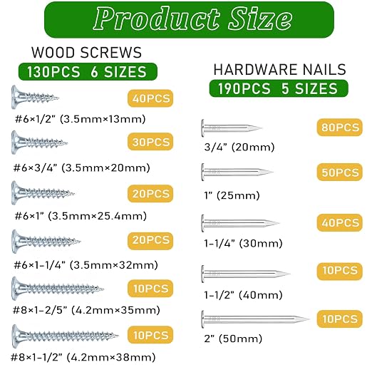320Pcs Premium Hardware Nails & High Hardness Wood Screws Assortment Kit, 11 Sizes (1/2"-2"),Phillips Drive Flat Head, Wood Screws, Galvanized, Picture Hanging, Wood, Common Nails with Storage Box